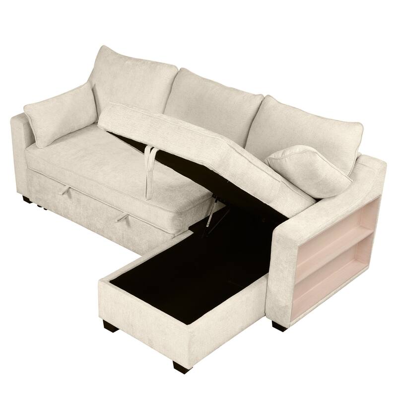 90" Convertible Sleeper Sofa with Storage Chaise, USB Ports, Storage Racks for Compact Spaces