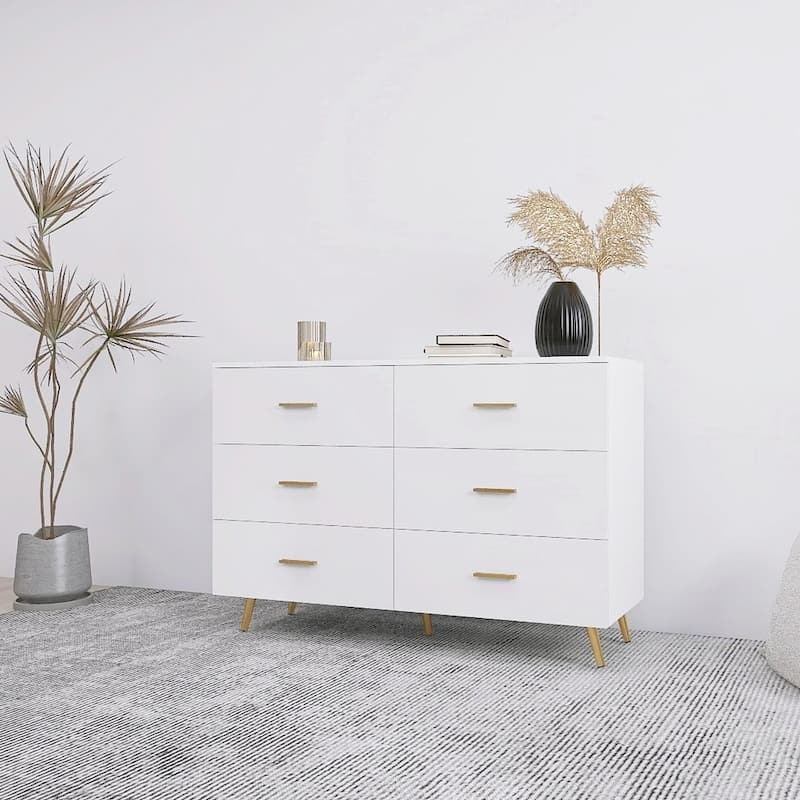 Modern Dresser Chest With 6 Drawers and Golden Handle，High Glossy Surface