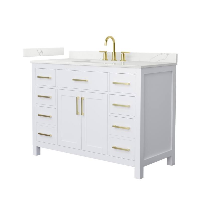 Wyndham Collection WCG2424-48S-QTZ-US3MXX Beckett 48" Free Standing - White / Giotto Quartz Top / Brushed Gold Hardware