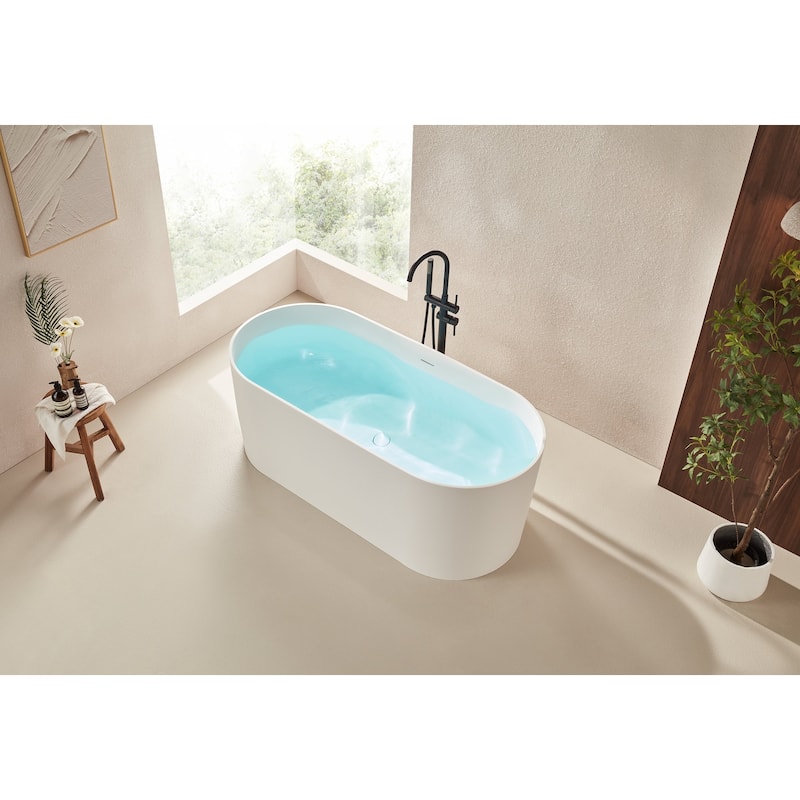 Vanity Art 59" or 67" Stone Resin Oval Freestanding Bathtub, Soaking Tub with Overflow and Pop Up Drain