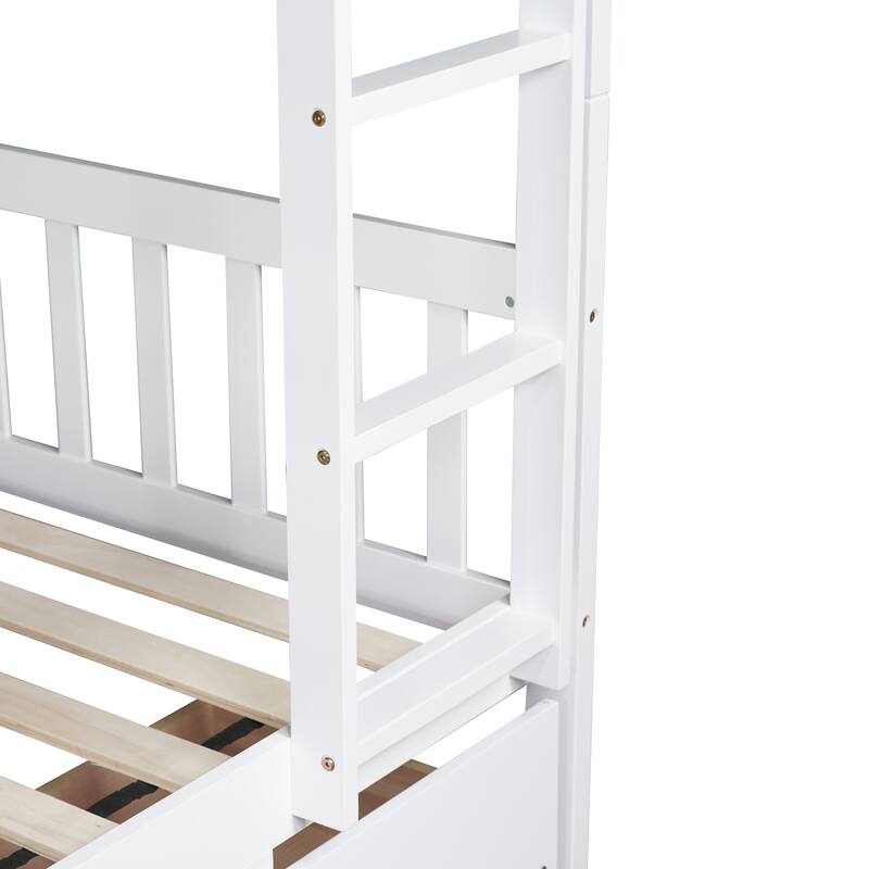 Convertible Full Over Full Rubber Wood Bunk Bed with 2 Drawers, Ladder, and Safety Guardrails, White