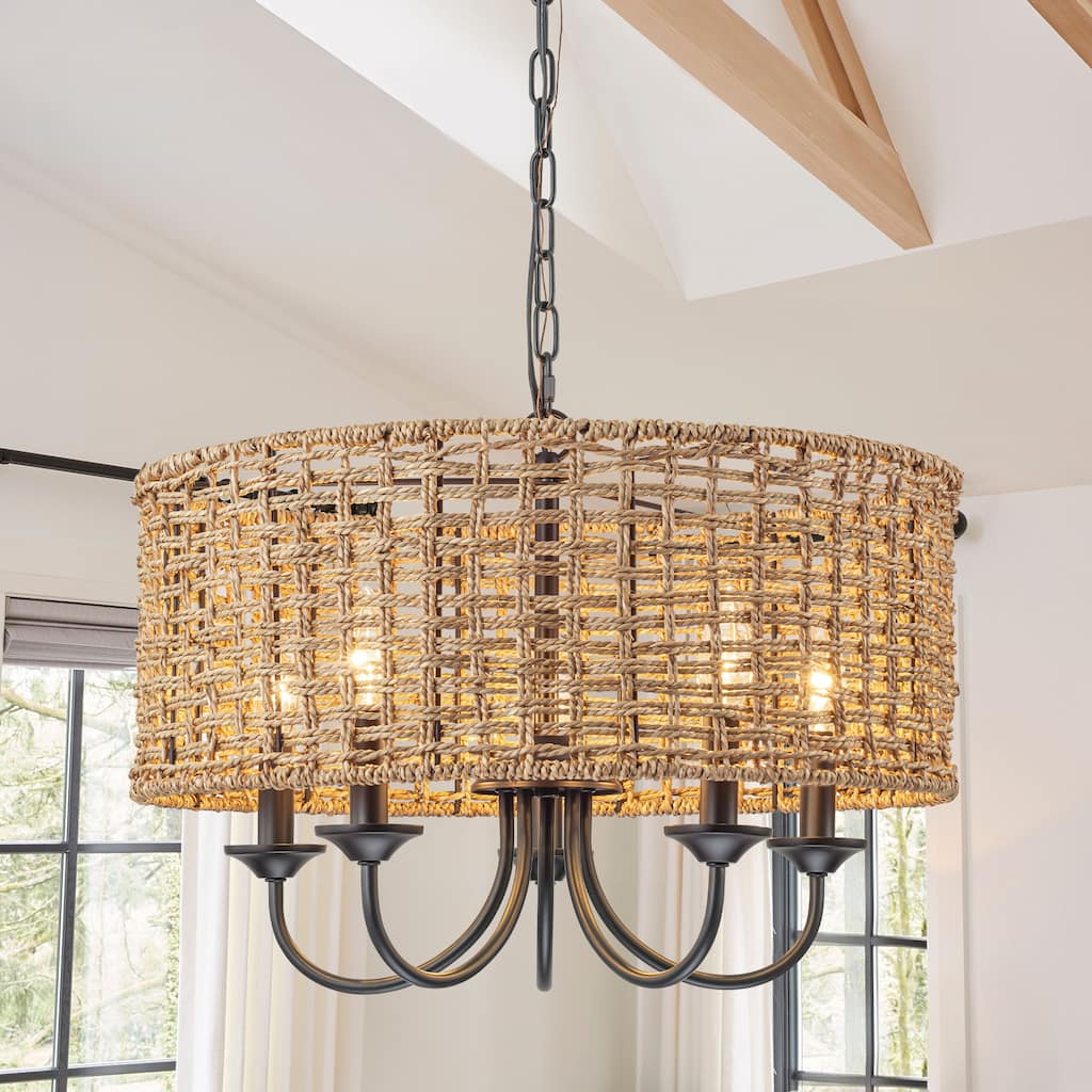 5-Light Modern Boho Hand Woven Drum Chandelier with Farmhouse Natural Rattan Shade - 19.6 in. W x 8.2 in. H