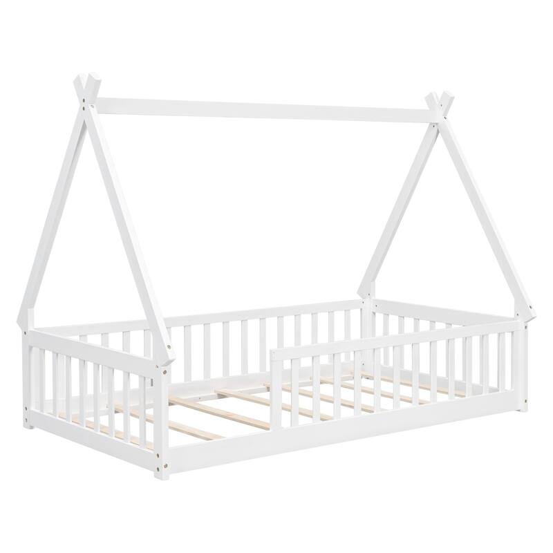 Cozy Twin Teepee Bed for Kids with Guardrails, Tent-Style Floor Bed Frame, Pine Wood Construction, 200 lbs Capacity