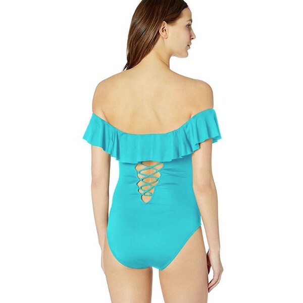 off the shoulder ruffle one piece swimsuit
