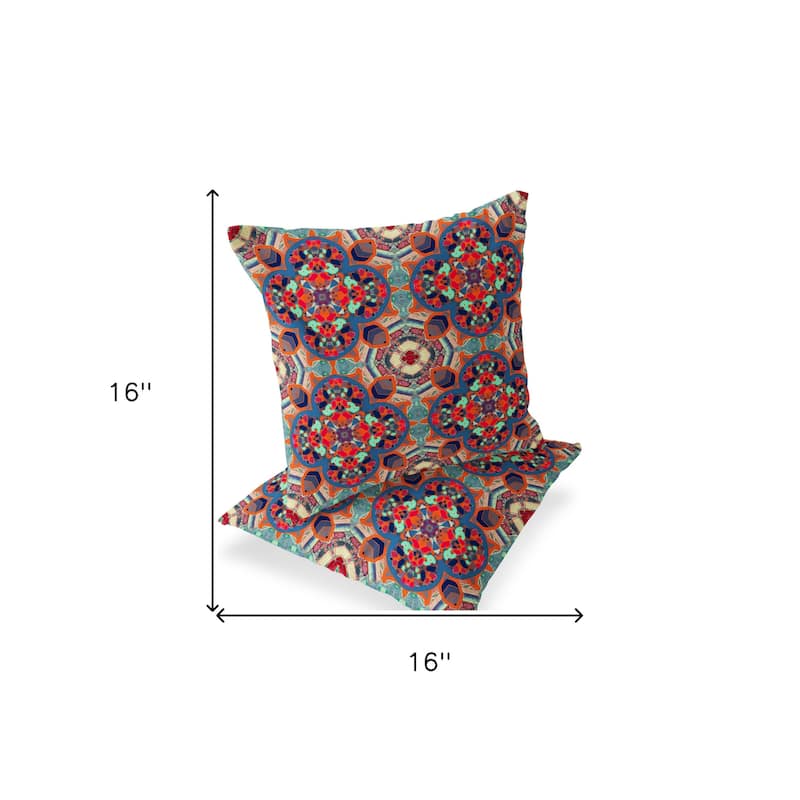 HomeRoots Set of Two 16" X 16" Blue and Orange Blown Seam Floral Indoor Outdoor Throw Pillow - 16.00' X '16.00' X '5.00