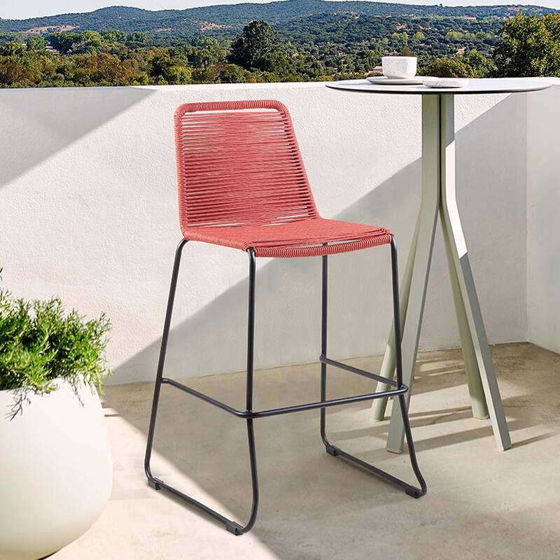 Shasta Black Steel and Rope Indoor Outdoor Bar Height Stackable Patio Bar Stools - Set of 2 - Bar Height