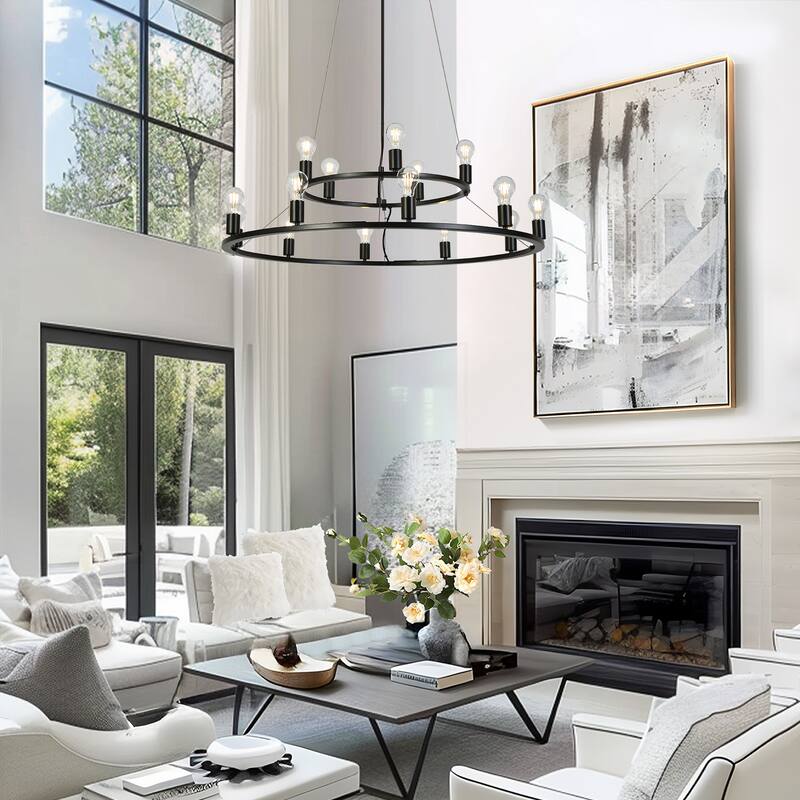 Oriea Farmhouse Black 15-Light Large Wheel Chandelier Modern Industrial Classic Candle Light - D 39.4" x H 10.2"