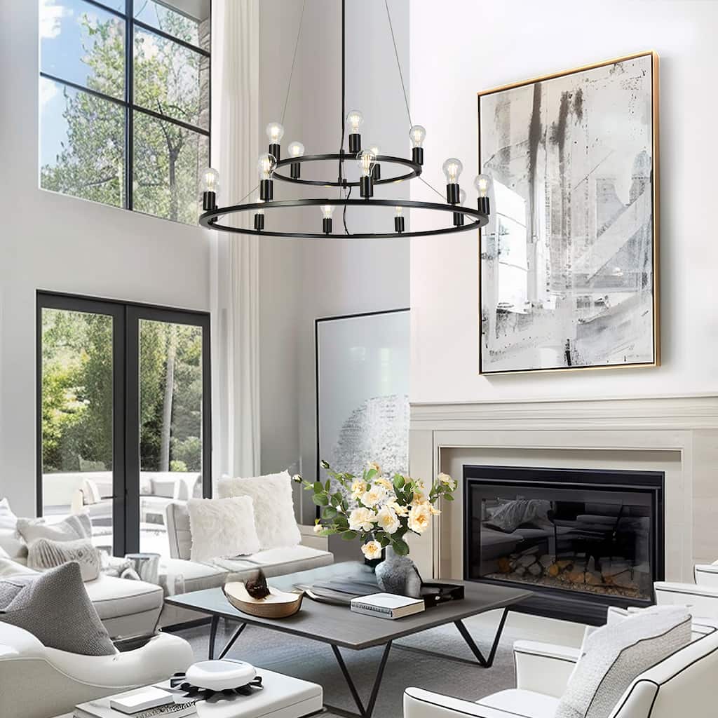 Oriea Farmhouse Black 15-Light Wheel Chandelier 39.4 IN. Modern Industrial 2-Tier Classic Candle Lights - D 39.4" x H 10.2"