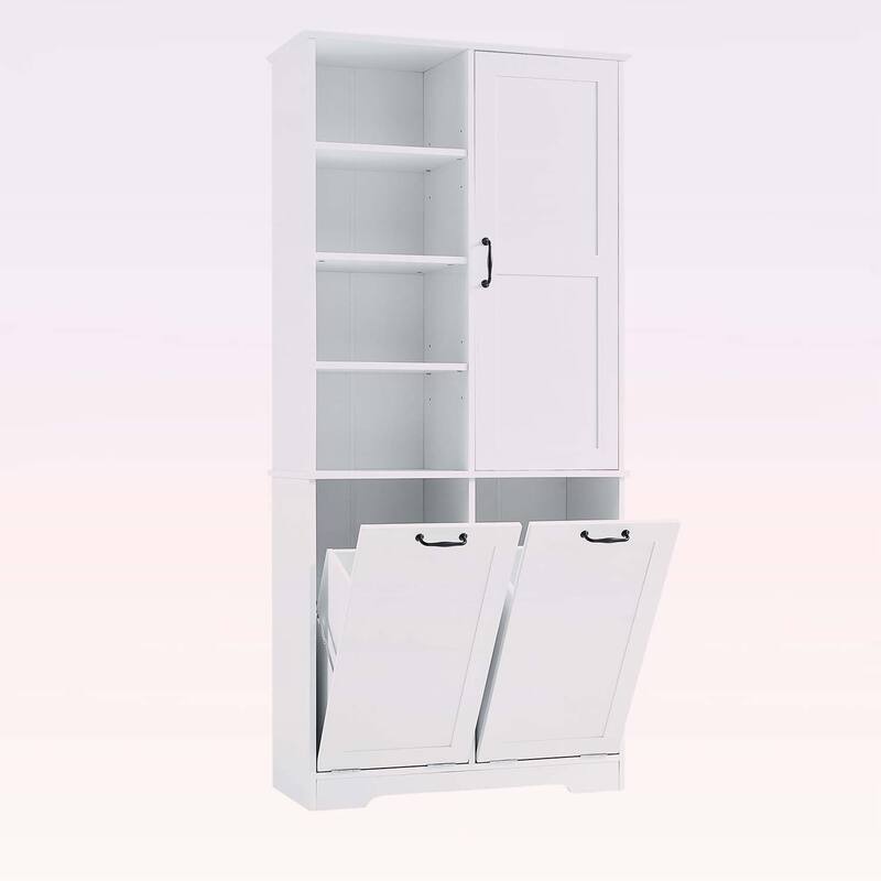 Bathroom Storage Cabinet with Doors, Drawers, Tilt-Out Laundry Hamper, and Adjustable Shelves, Oak Finish