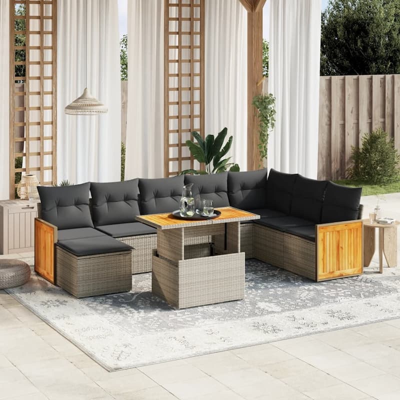 vidaXL Patio Sofa Set with Cushions Sofa Sections and Table 9 Piece Poly Rattan - Grey - 21.7 x 39.4 x 28.7 in