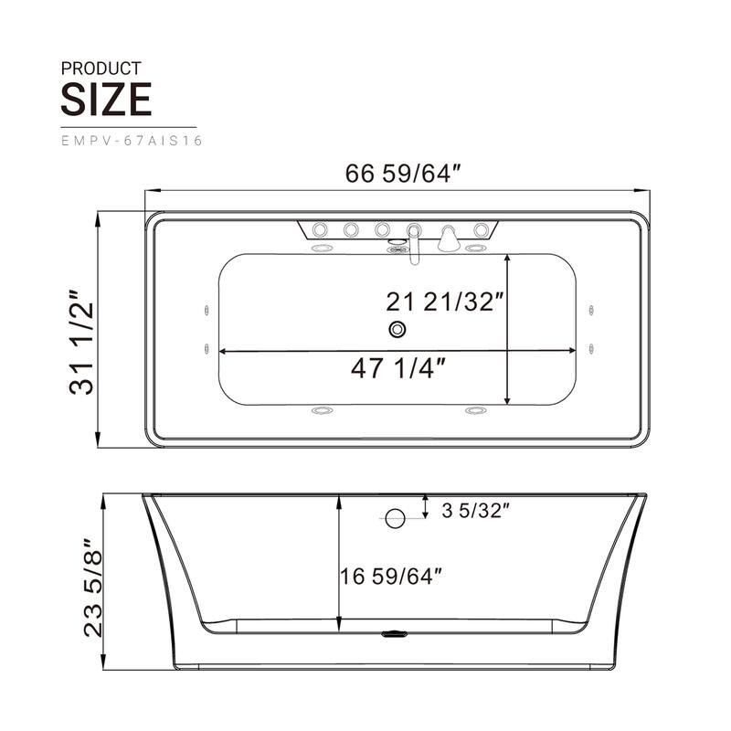 67" x 32" Freestanding Whirlpool Acrylic Bathtub with Faucet