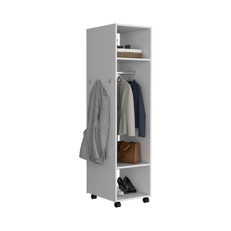 15.7" Modern Mirrored Armoire with Three Shelves, Casters and Hanging Rod