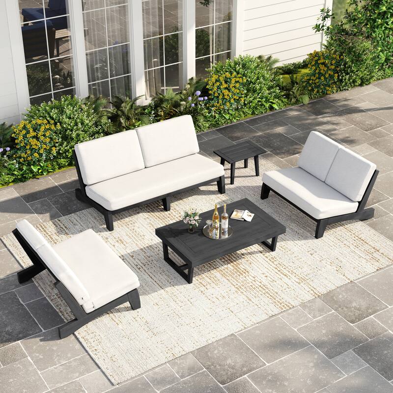 Casual Teak Outdoor Patio Conversation Set with Cushioned Sofa Loveaseat - Dark Wood - Beige-5 Piece