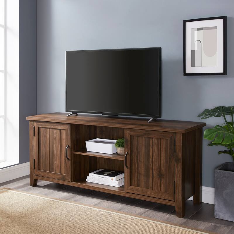 2 Door Multifunctional Classic Grooved-Door TV Stand with Open Shelf Up to a 65-inch TV - Brown