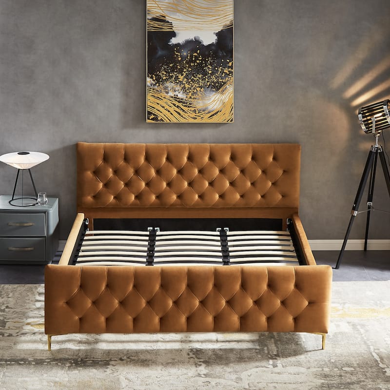 Bianca Mid Century Velvet King Platform Bed in Tan