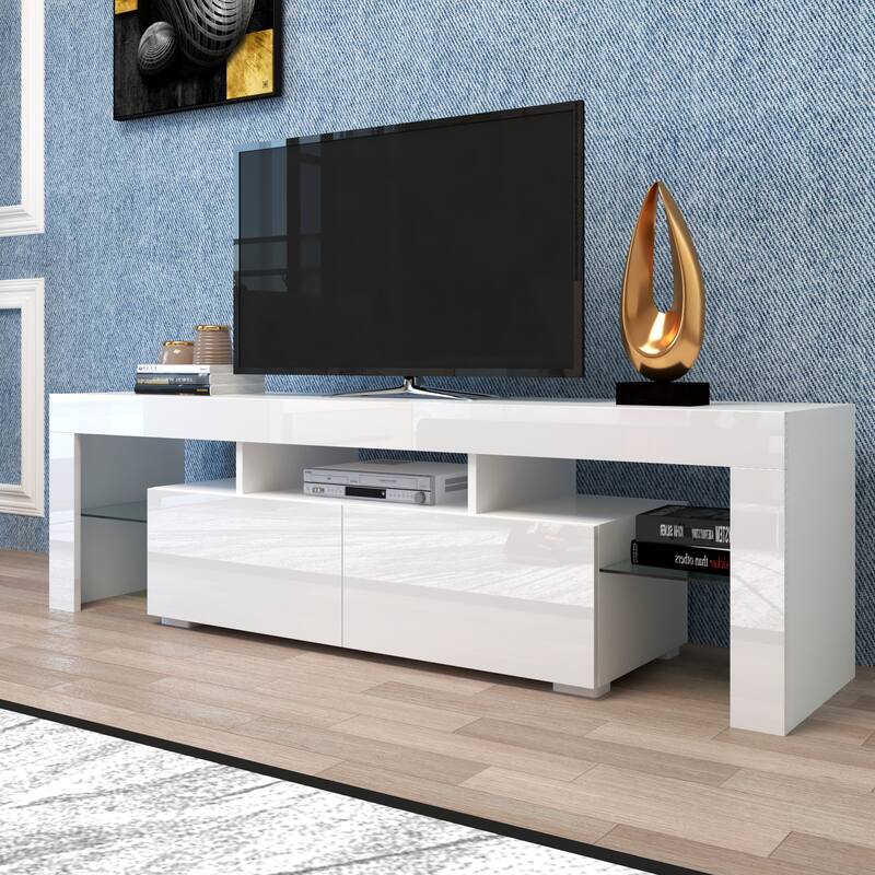 LED TV Stand with 20 Colors & Remote, High Gloss Black Finish for Living Room, 63"