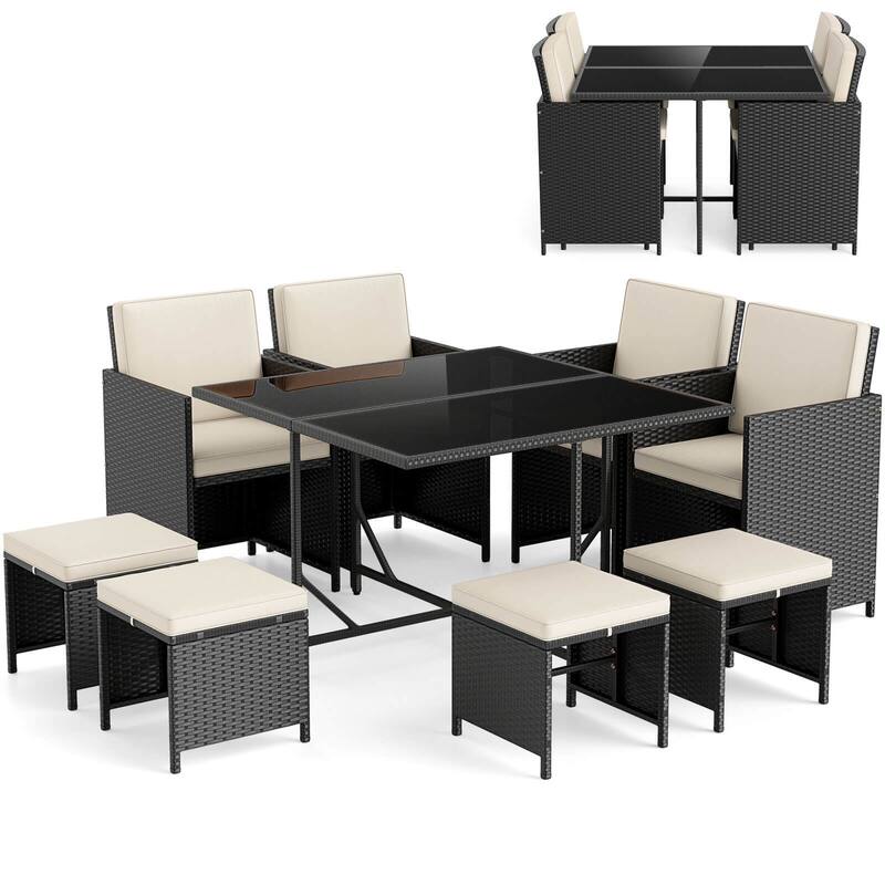 9 PCS Outdoor Dining Set Wicker Patio Chairs w/ Removable Cushions
