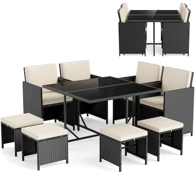 9 PCS Outdoor Dining Set Wicker Patio Chairs w/ Removable Cushions