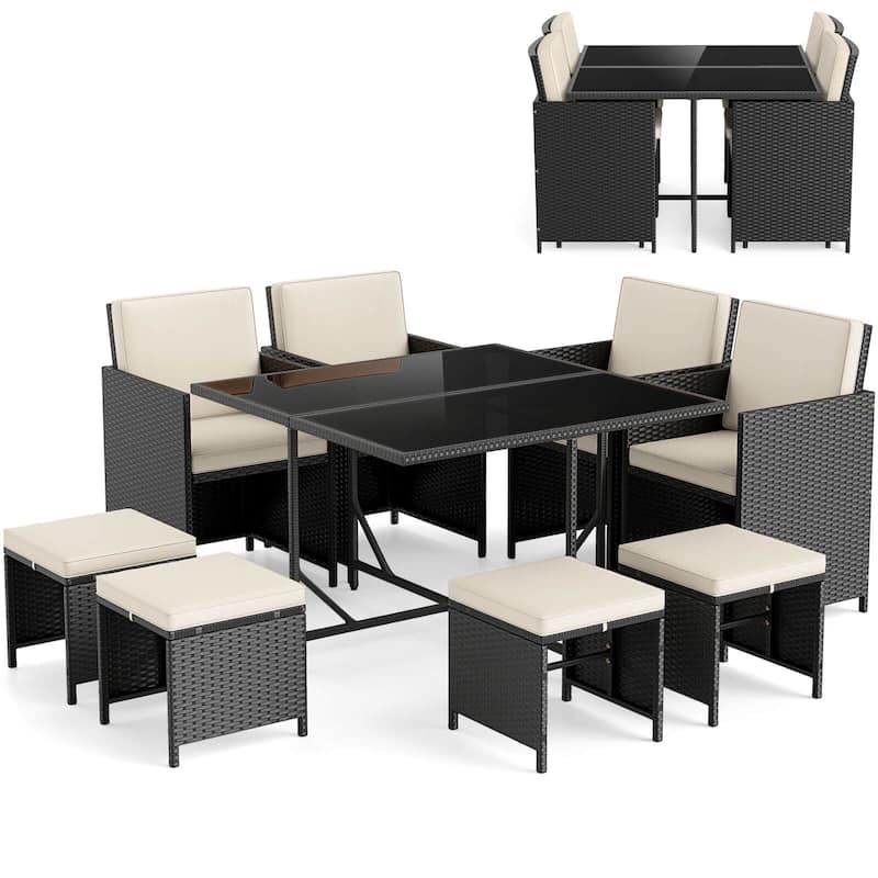 Costway 9 PCS Patio Dining Set with Tempered Glass Table & Ottoman - See Details