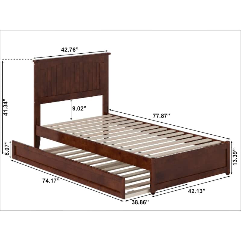 Twin Platform Bed with Trundle, Walnut Wood Bed Frame & Panel Footboard - Space Saving Design