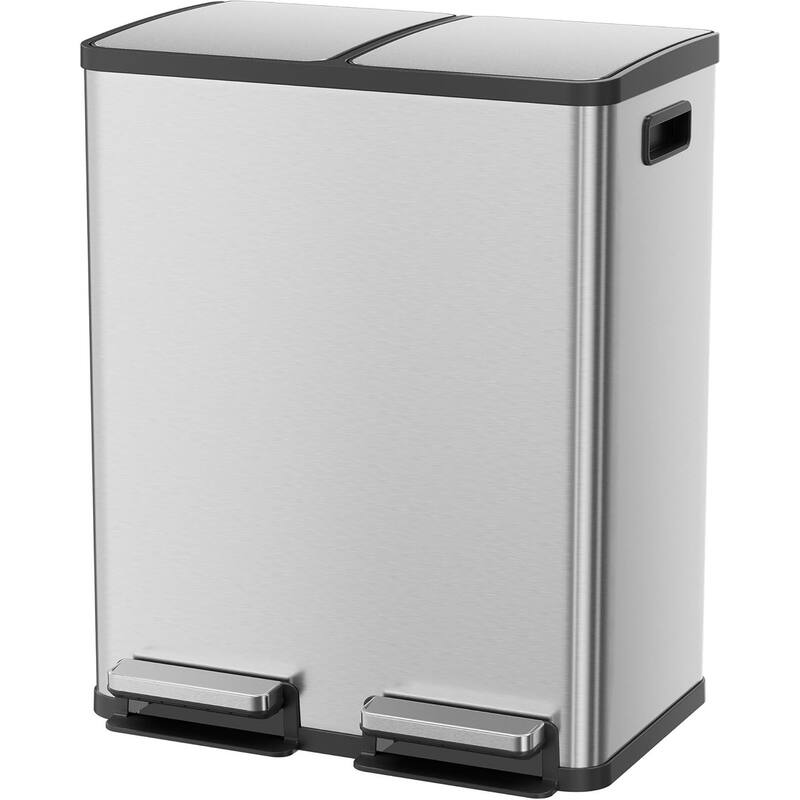 Kitchen Trash Can, 16 Gallon Garbage Can with Dual Inner Bins, Large Capacity 60 Liter Trash Can with Soft-Close Foot Pedal - Silver