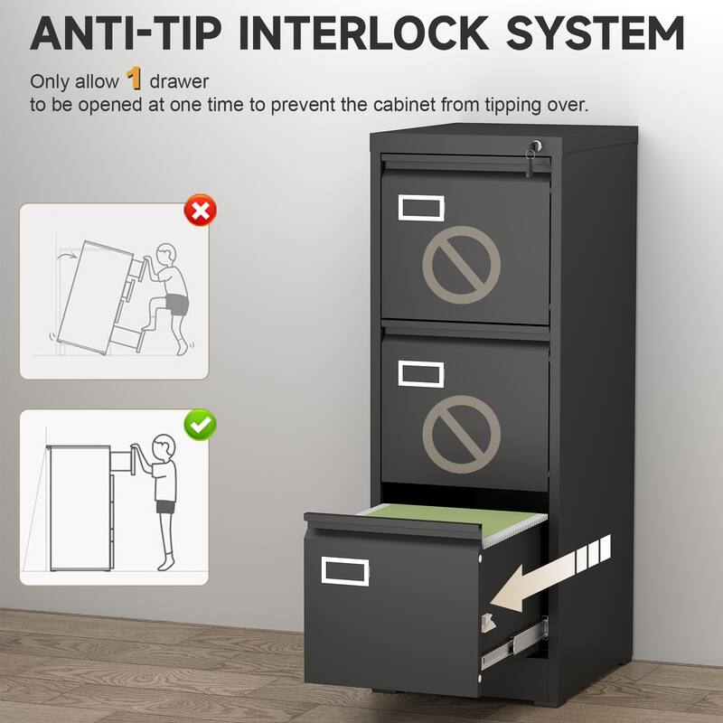 Modern 3-Drawer File Cabinet, Vertical Filing Cabinet with Lock and Anti-Tilt Design, for Home Office