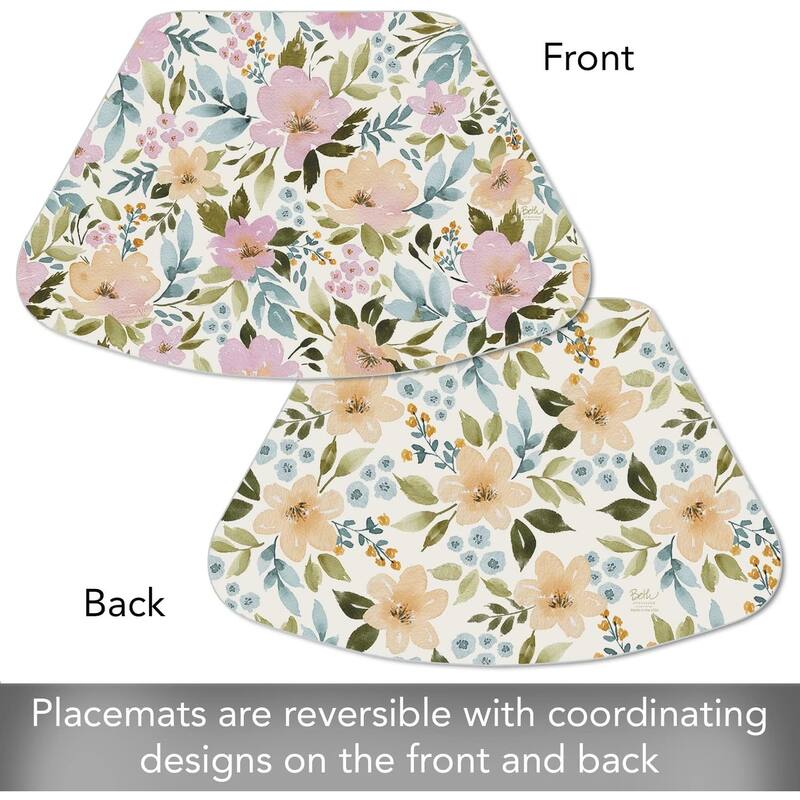 Cascade Floral Wedge Shaped Reversible Flexible Plastic Placemat 4 Pack Made in The USA 17.75" x 11.25" Colorful, Reversible