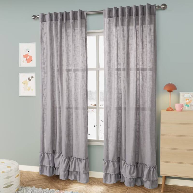 Linen Texture Double Ruffle Semi-sheer Curtain Pair(2 panels)