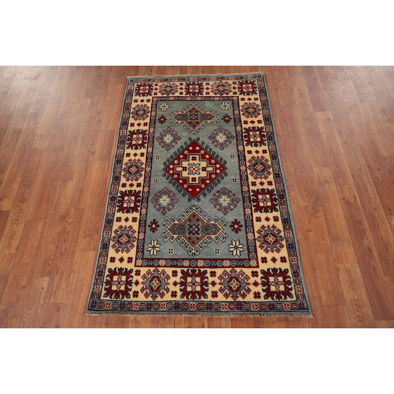 Light Blue Geometric Kazak Accent Rug Hand-Knotted Wool Carpet - 2'7" x 4'3"