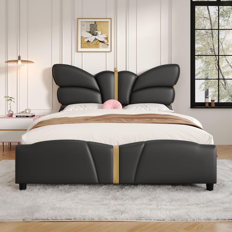 Full Size Upholstered Bed Frame, with Butterfly Shaped Headboard and Footboard, Platform Bed Frame with Gold Metal decorations - Black