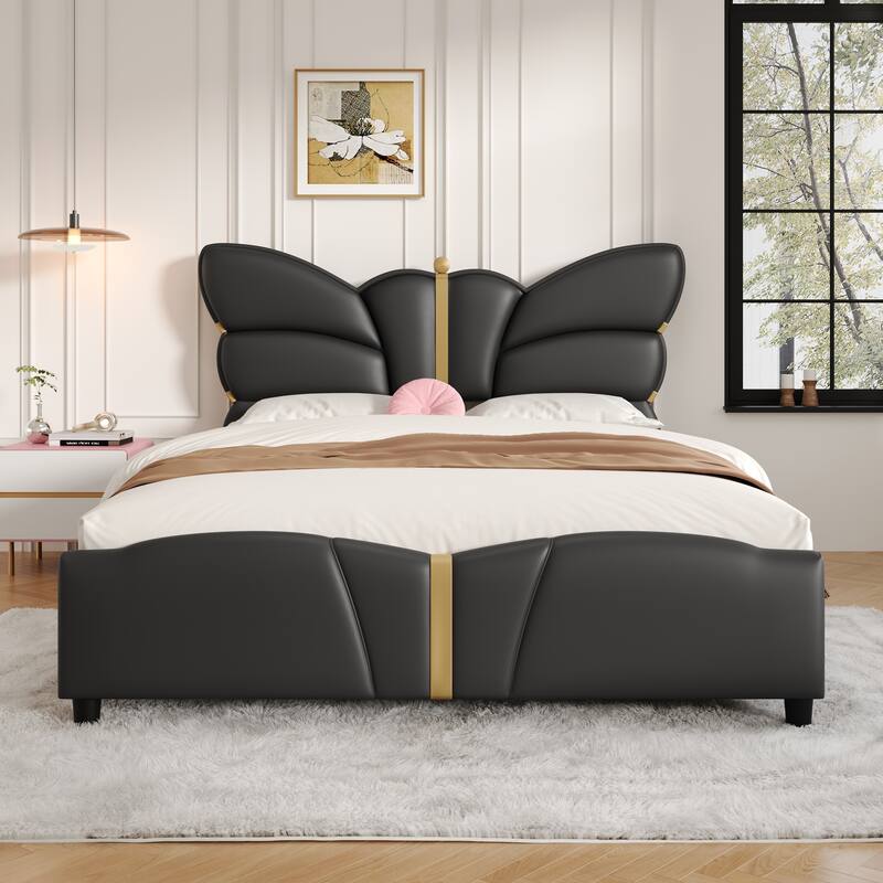 Modern Upholstered Butterfly Headboard Bed Frame with Gold Metal Decorations, No Box Spring Needed, Black - Black