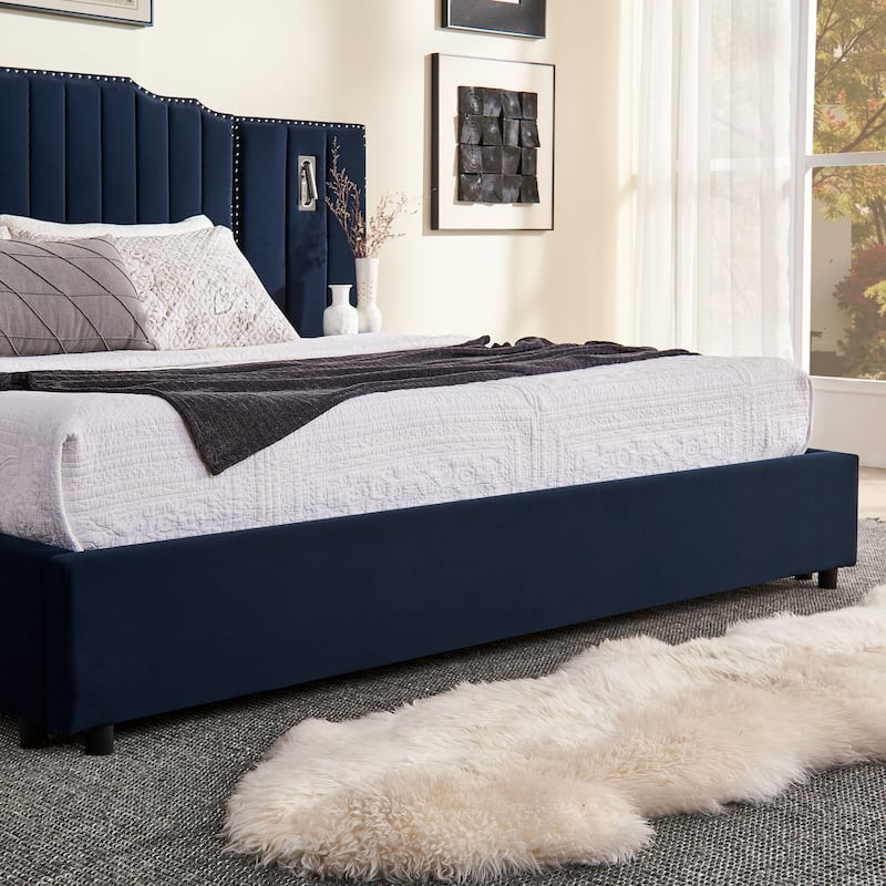 Upholstered Bed, Vertical Stripe Buttons Design Wingback Bed Frame, Velvet Fabric Platform Bed with Bedside Table