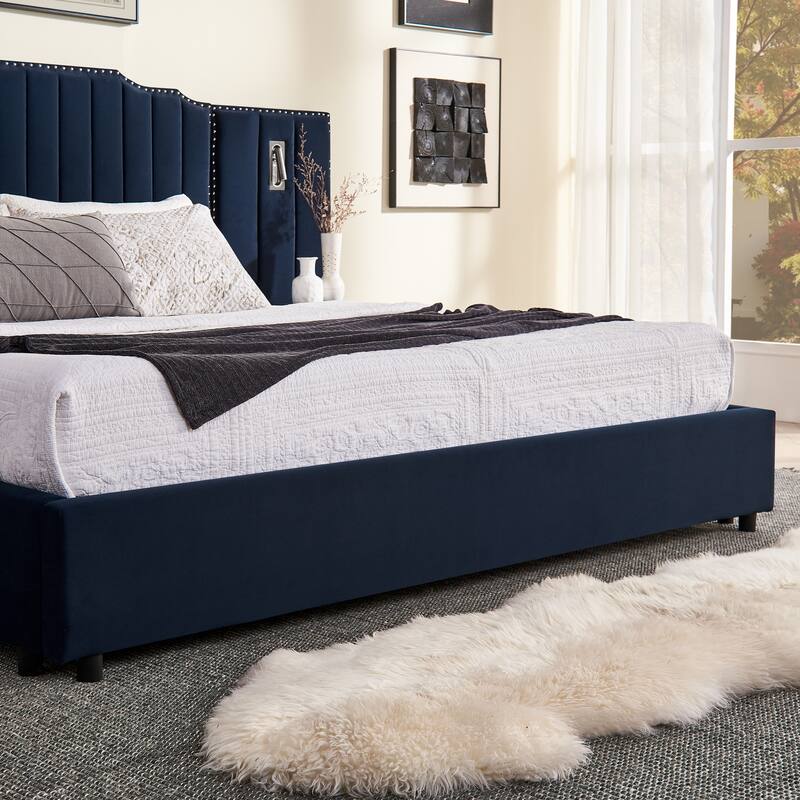 King Size Upholstered Bed Frame with Velvet Fabric, Vertical Stripe Design with Buttons Around King Size Platform Bed