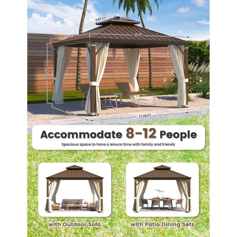 EROMMY Hardtop Patio Gazebo with Double Roof and Privacy Curtains, 12x16 FT Permanent Outdoor Metal Gazebo for Backyard, Deck