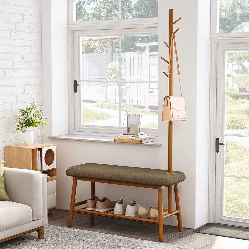 Entryway Bench - 13.3"D x 32.8"W x 64.5"H - Brown Bamboo