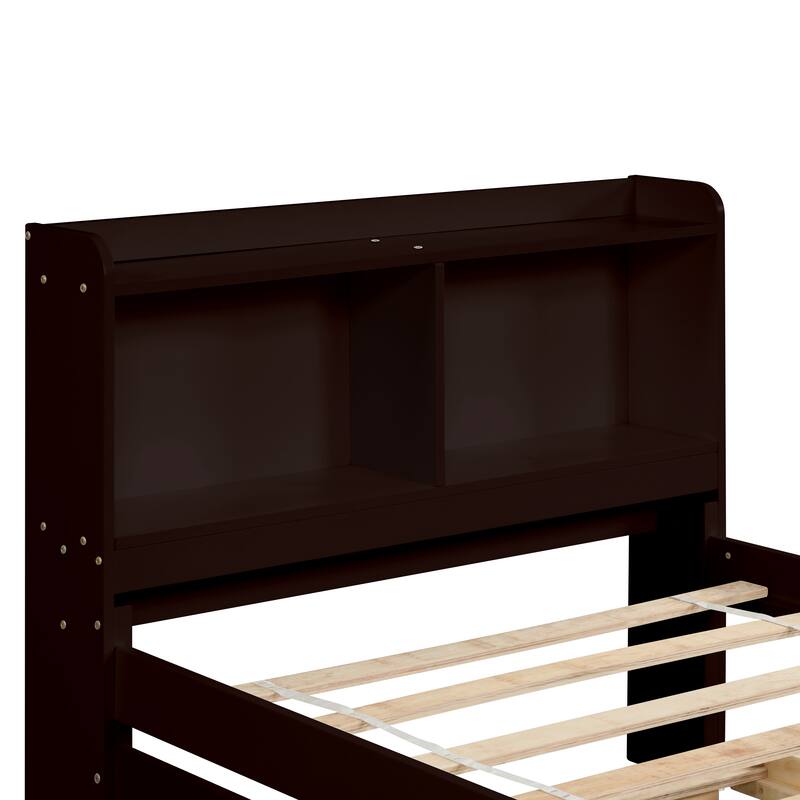 Twin/Full Bed with Trundle and Bookcase Headboard, Wood Storage Bed Frame with Shelves, No Box Spring