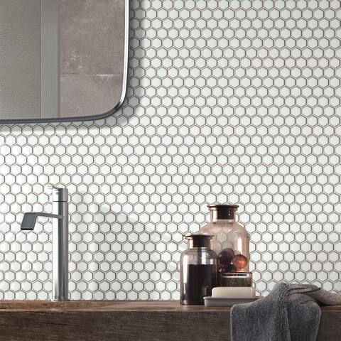 TileGen. Reactive Glazed 1" x 1" Procelain Hexagon Mosaic Tile in White Floor and Wall Tile (10 sheets/8.4sqft.)