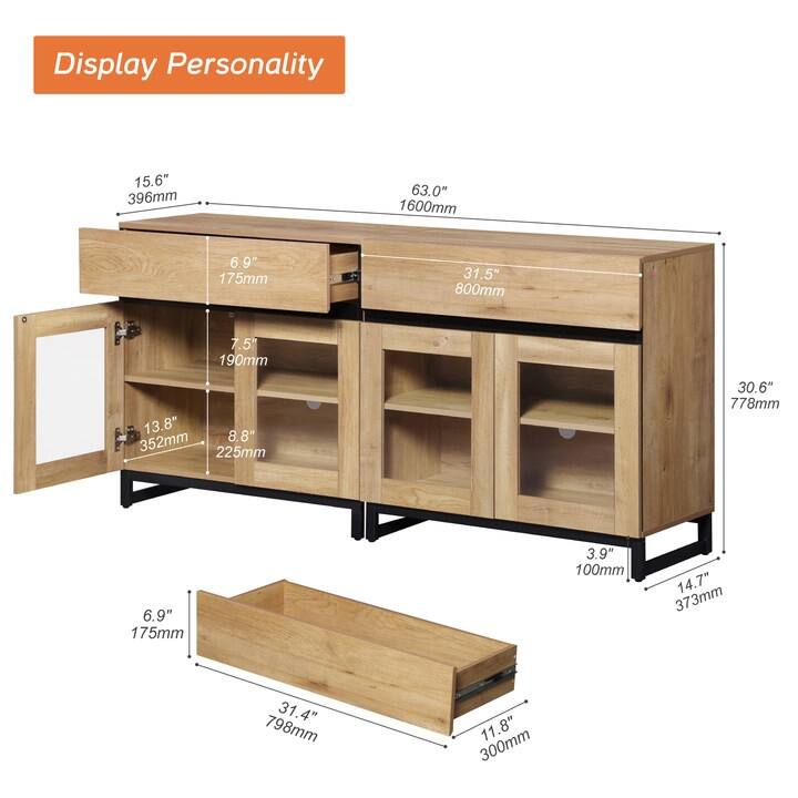 WAMPAT Multifunctional Sideboard Buffet Cabinets with 6 Glass Doors and Drawers, Modern Sideboard, Coffee Bar Storage Cabinet