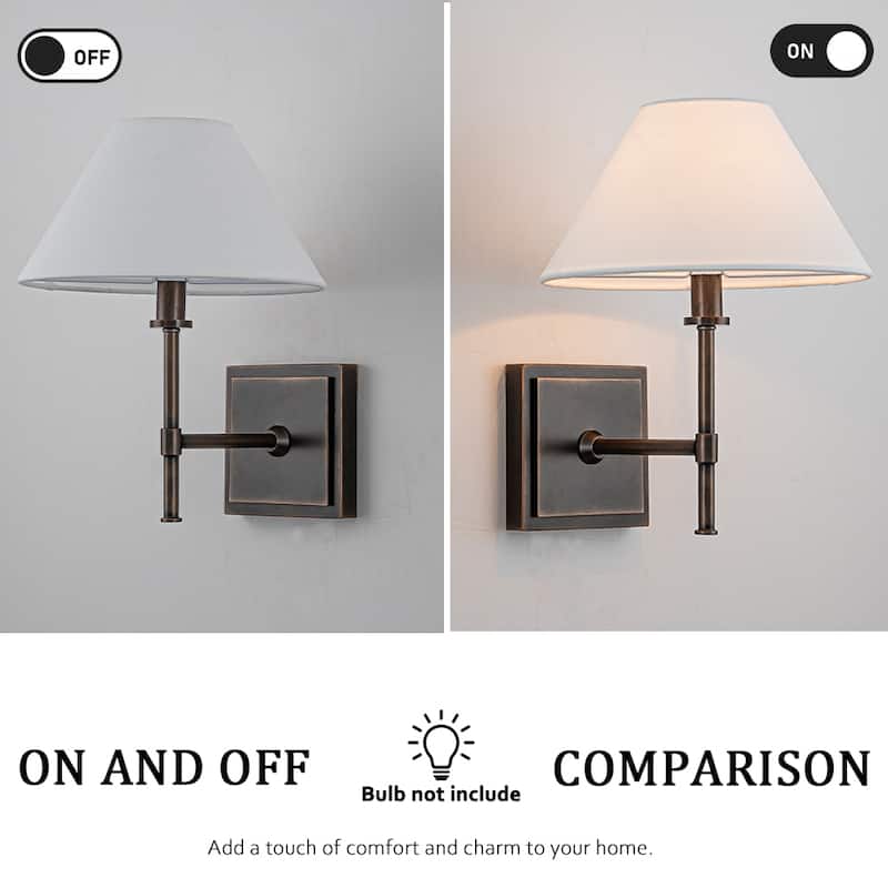 Modern Bronze 1-Light Fabric Shade Wall Sconces Farmhouse White Linen Tapered Shade Sconce For Bathroom Mirror Hallway - W9''