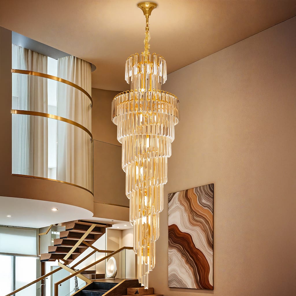 Extra Large Long Grand Spiral Crystal Chandelier Ceiling LED Tiered Pendant Light with Gold Frame