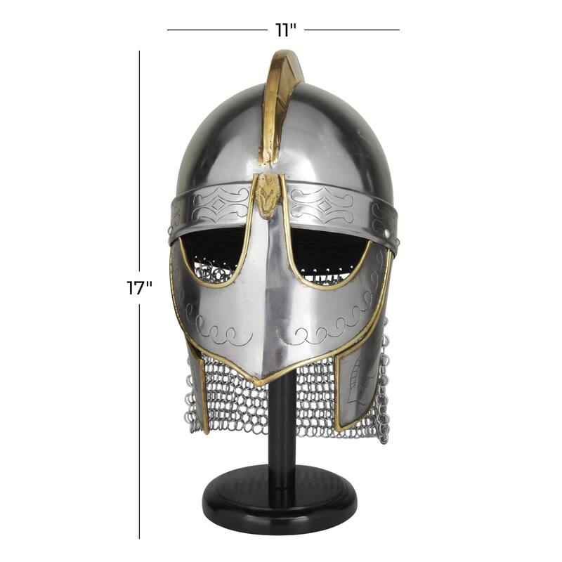 Metal Replica Medieval Knight Crusader Helmet with Black Wood Stand and Chainmail - Silver - Roche River Decor