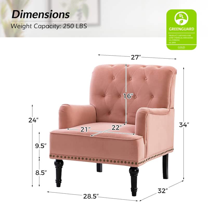 Geltrude Transitional Upholstered Button Tufted Club Chair with turned wooden Legs by HULALA HOME