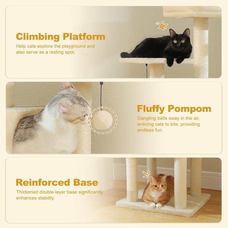 62" Multi-Level Cat Tower with 2 Spacious Condos, Scratching Pad, 4 Cat Scratching Posts, 2 Cat Perches, 2 Pompoms - Beige