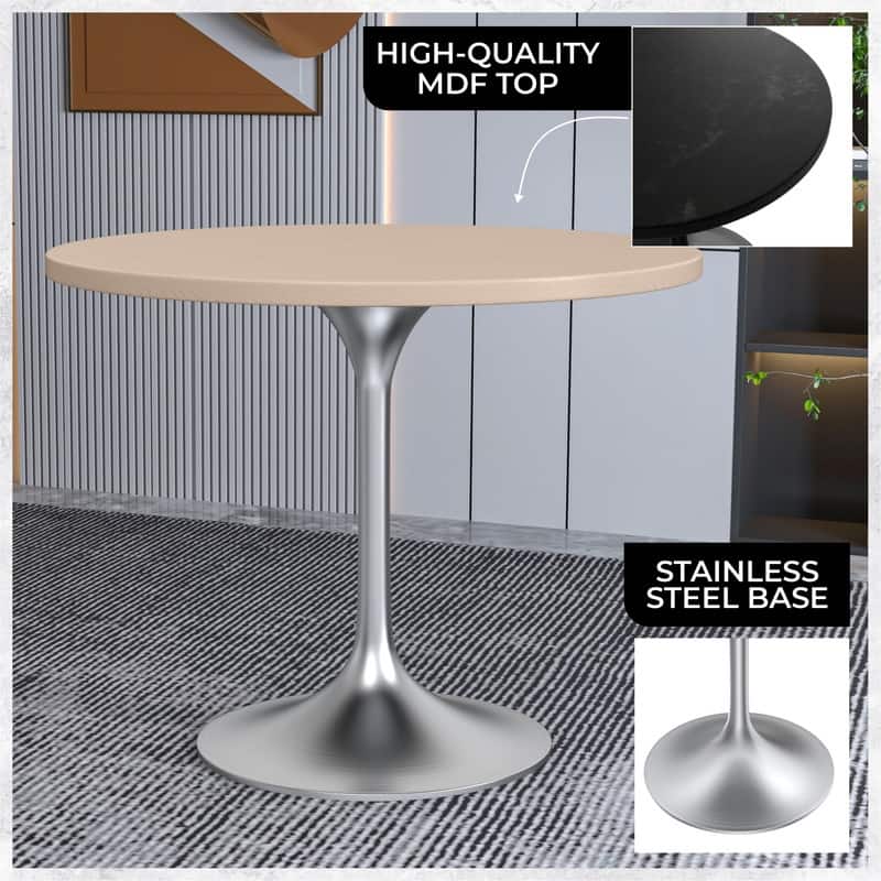 LeisureMod Verve 36" Round Dining Table with MDF Wood TableTop and Brushed Chrome Base for Kitchen & Dining Room