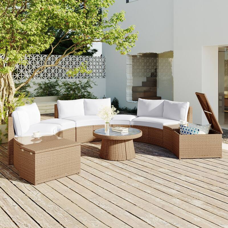 10-Piece Outdoor Sectional Half Round Patio Rattan Sofa Set, PE Wicker Conversation Furniture Set for Free Combination