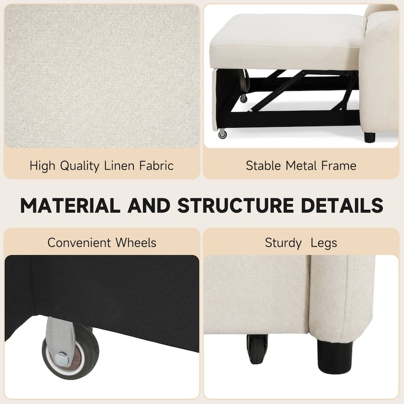 Single Sofa Bed Upholstered Sleeper Chair with Side Pocket, Convertible Chaise Lounge Pull-Out Sofa Bed with Adjustable Backrest