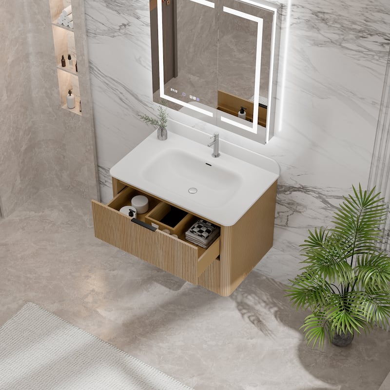 Modland Fluted Floating Vanity with Sink, Plywood Wall Mount Cabinet, Curved Edge, 24/30/36 Inch