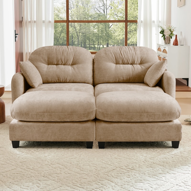 2 Seat Chenille Sofa Round Arms Sectional Sofa, Modern 74" Tufted Back Couch with Ottoman for Lving Room, Small Space