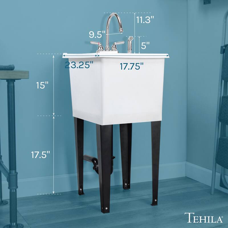 TEHILA White 16-Gallon Space Saver Utility Sink Laundry Tub with Gooseneck Faucet
