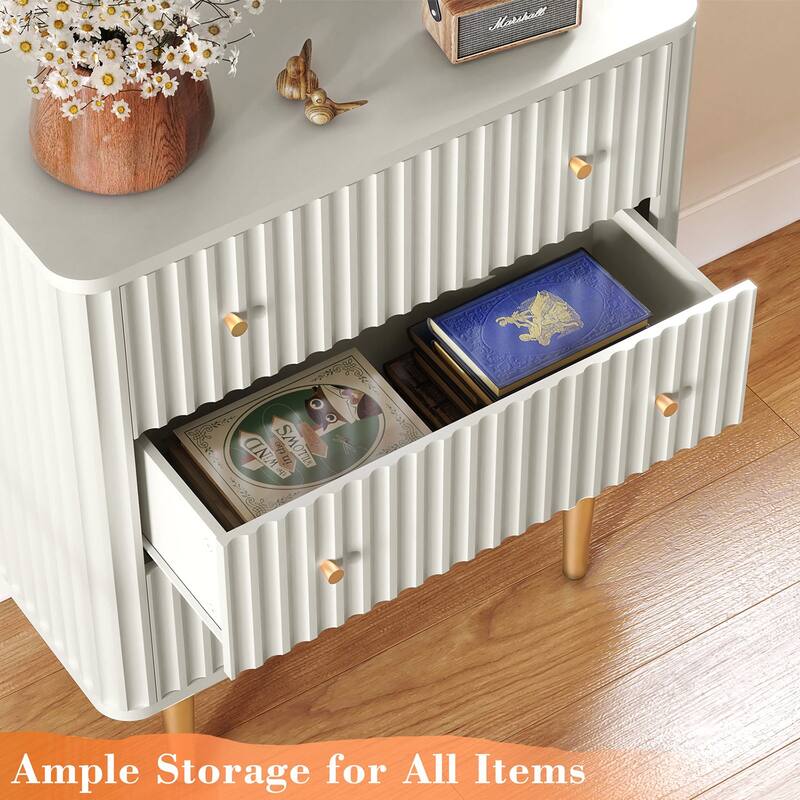 Modern White Dresser,3 Drawer Fluted Wood Storage for Bedroom